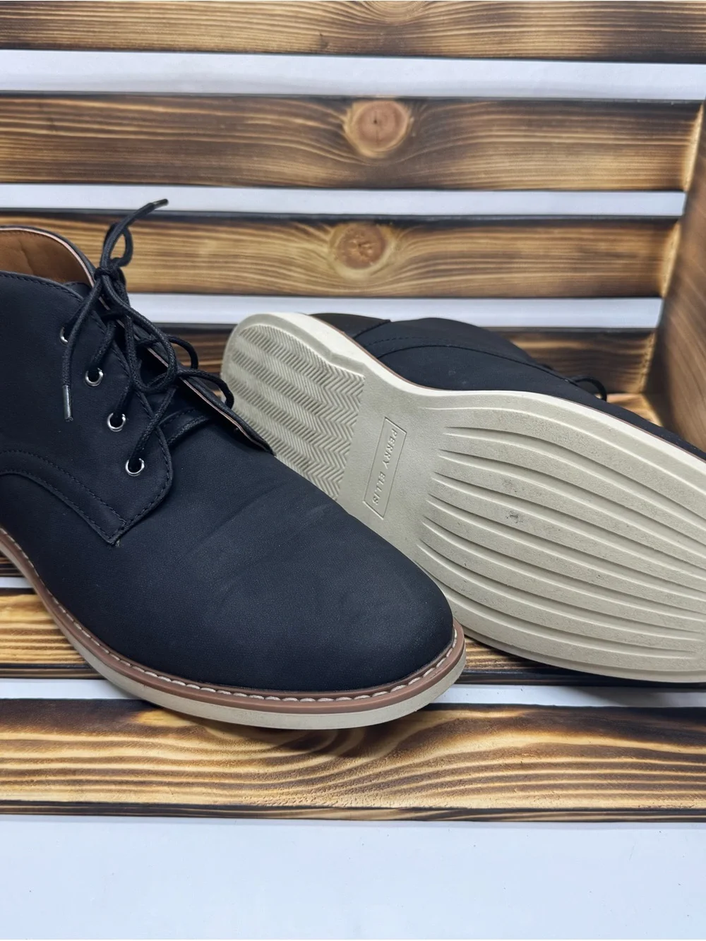Perry Ellis Men's Black Chukka Boots with Tan Sole Trim #0130